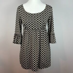 Studio M Brown Dot Y2K Babydoll Bell Sleeve Stretch Tunic‎ Blouse SZ Small Retro